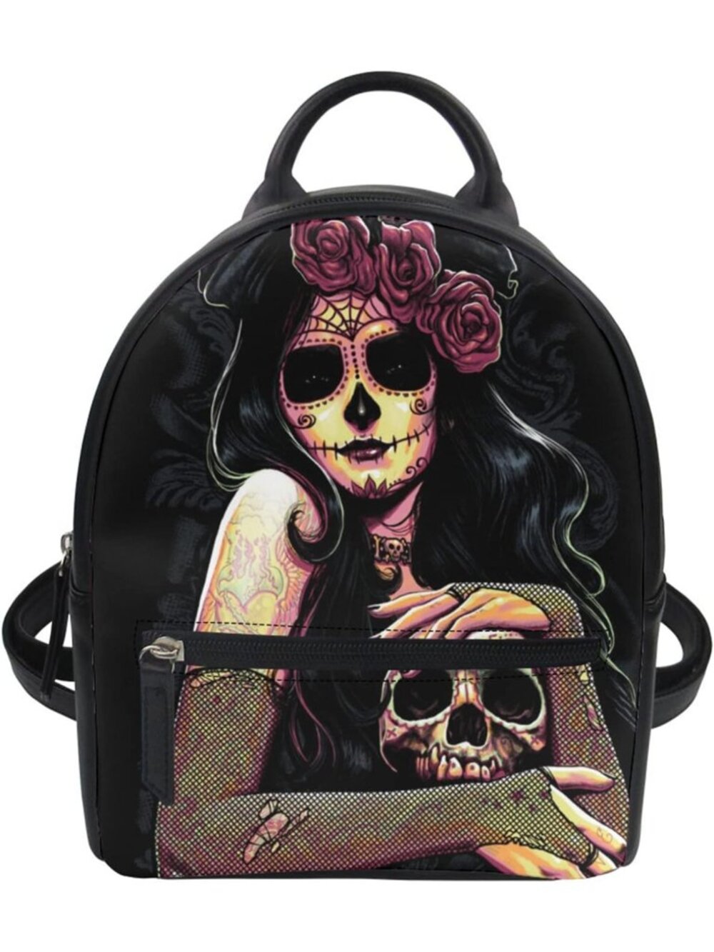 Trendy Mini Backpack Purse for Women - Cool Cartoon Skull Print PU Leather